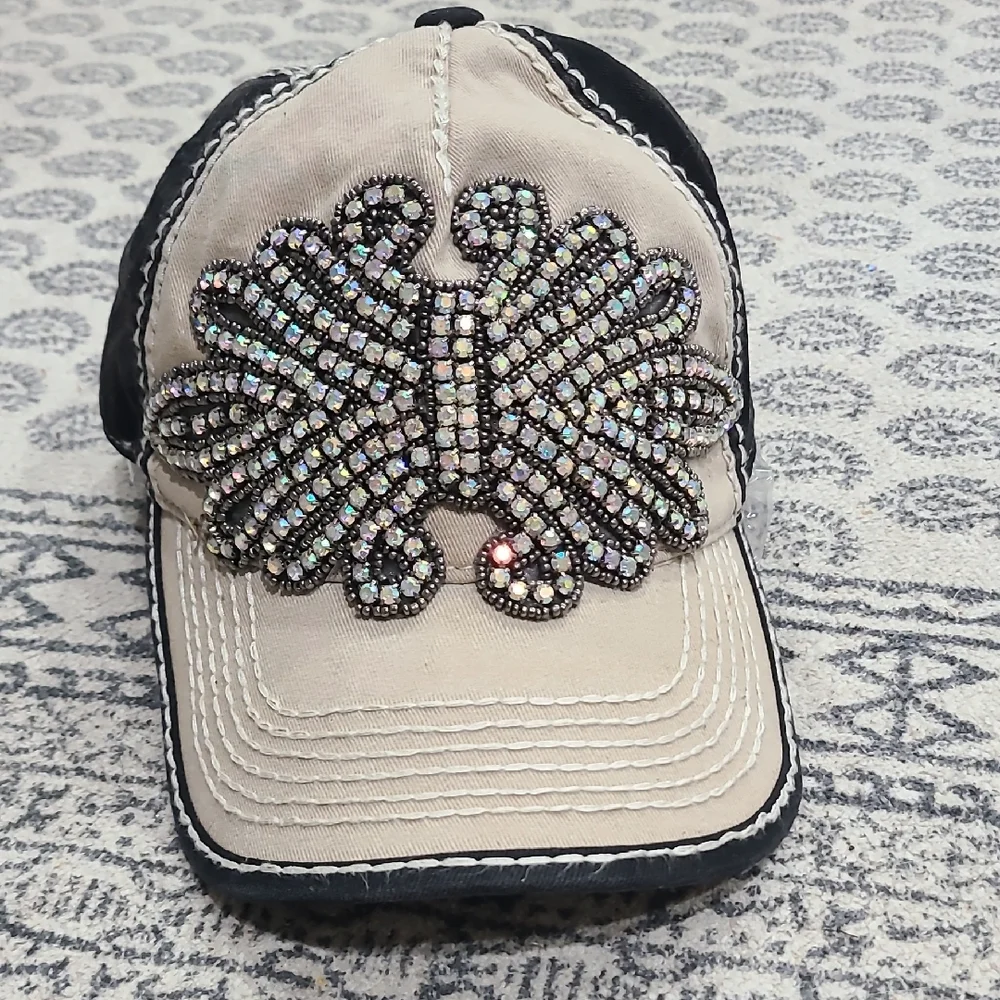 Embellished Crystal Accent Beige Baseball Cap - Women - Picture 1 of 9